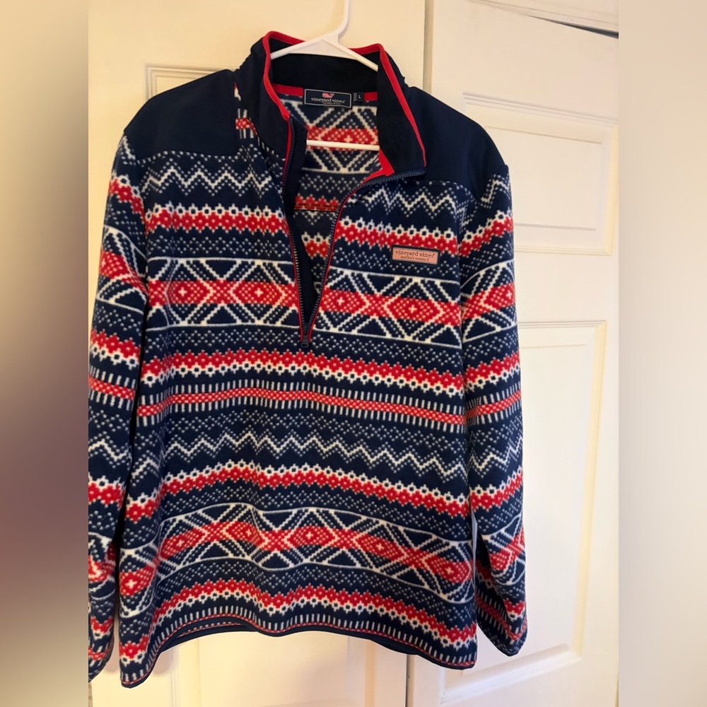 Vineyard Vines Men Blue & Red Fair Isle Half-zip Fleece Large
